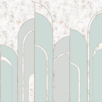Blue grey art deco arches - Elegant digitally printed arched panels wall covering set against a raw plaster background. Made in the UK. For commercial interiors.
