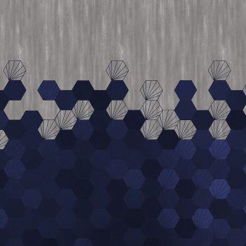 blue concrete tiles geometric design set against a concrete background. Custom digitally printed wallcovering for commercial interiors.