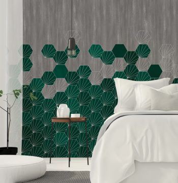 green concrete tiles geometric design set against a concrete background. Custom digitally printed wallcovering for commercial interiors.