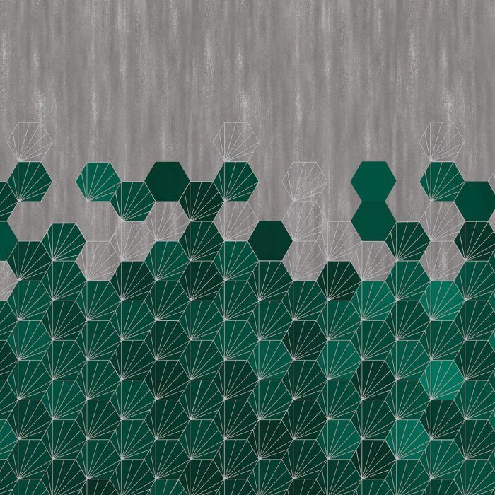 green concrete tiles geometric design set against a concrete background. Custom digitally printed wallcovering for commercial interiors.