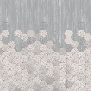 white concrete tiles geometric design set against a concrete background. Custom digitally printed wallcovering for commercial interiors.