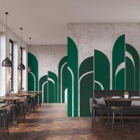 Green art deco arches - Elegant digitally printed arched panels wall covering set against a raw plaster background. Made in the UK. For commercial interiors.