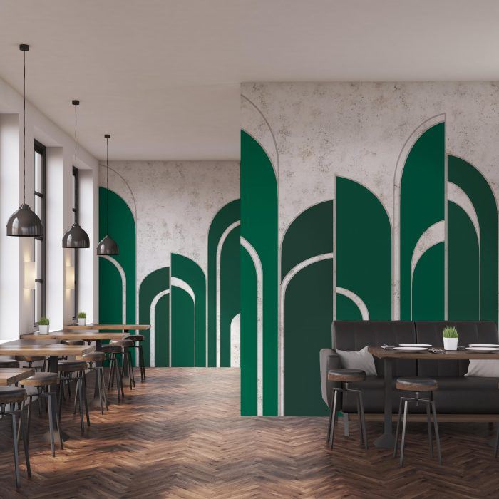 Green art deco arches - Elegant digitally printed arched panels wall covering set against a raw plaster background. Made in the UK. For commercial interiors.