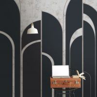 Navy art deco arches - Elegant digitally printed arched panels wall covering set against a raw plaster background. Made in the UK. For commercial interiors.
