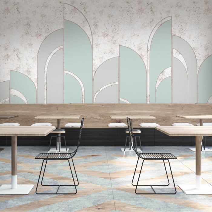 Blue grey art deco arches - Elegant digitally printed arched panels wall covering set against a raw plaster background. Made in the UK. For commercial interiors.