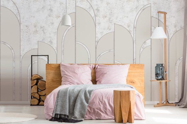 Cream art deco arches - Elegant digitally printed arched panels wall covering set against a raw plaster background. Made in the UK. For commercial interiors.
