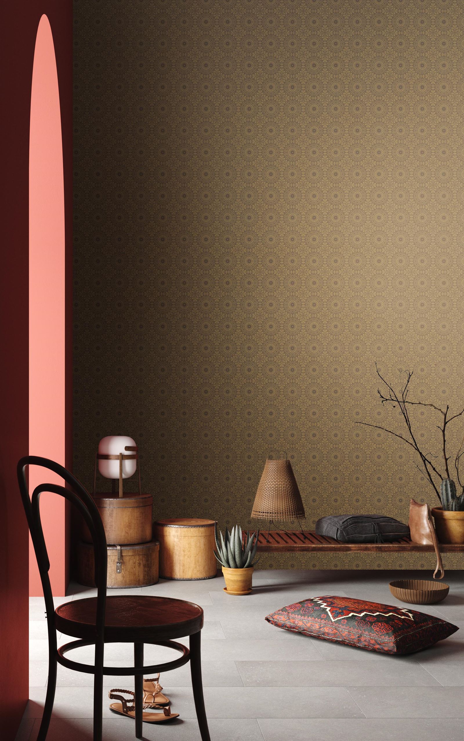 Mantelito is a lacey patterned wallcovering with metallic details