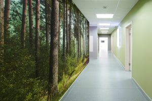 bespoke custom digitally printed textured durable scrubbable antimicrobial wide width fabric backed vinyl wallcovering for healthcare hospital interiors