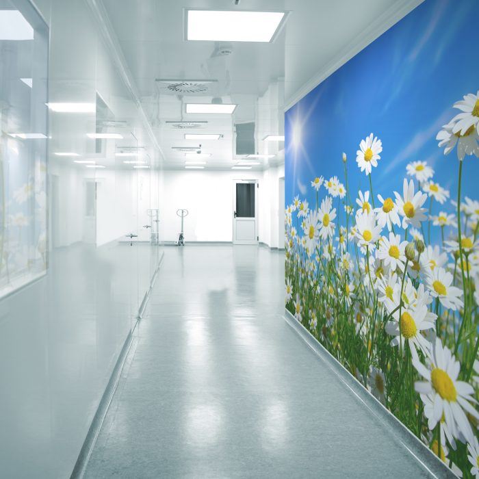 bespoke custom digitally printed textured durable scrubbable antimicrobial wide width fabric backed vinyl wallcovering for healthcare hospital interiors