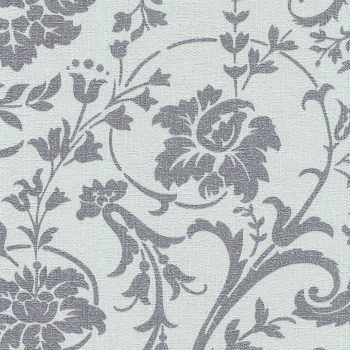 silver damask fabric backed vinyl commercial wallcovering