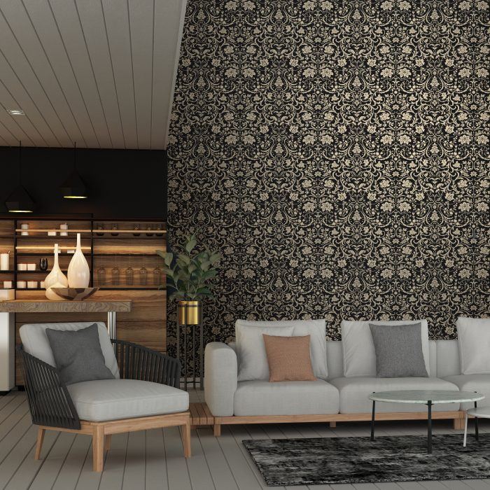 black damask wallcovering in a hotel interior