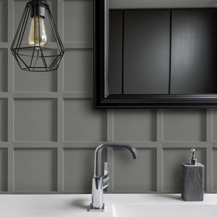 grey contemporary panelling effect wallcovering for commercial interiors in a bathroom
