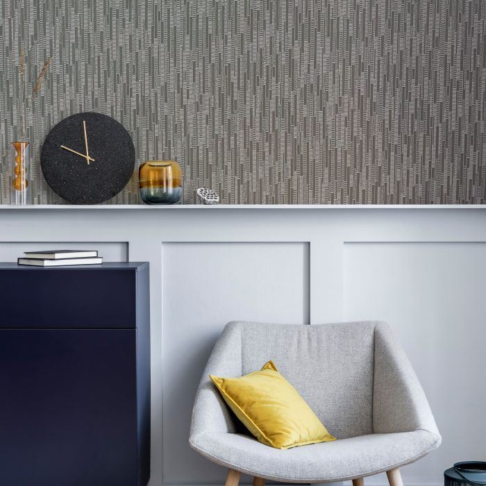 metallic wallcovering with deeply textured vertical stacked blocks which catch the light from every angle in a marine interior
