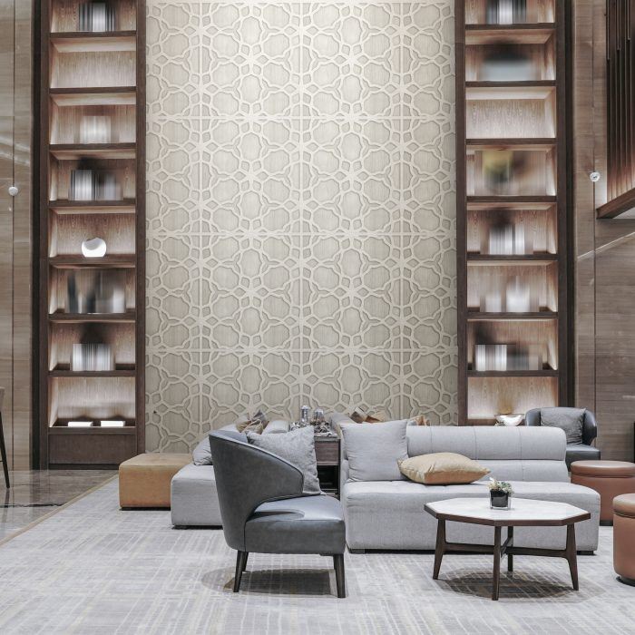 Treillage is a decorative 3D wood trellis panelling effect in a hotel interior.